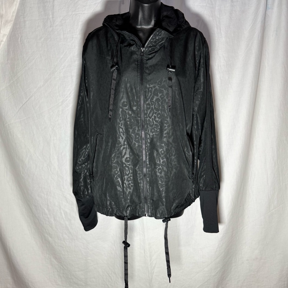 Zyia Active Black Leopard Print Windbreaker Jacket Hooded Mesh Thumbhole Large